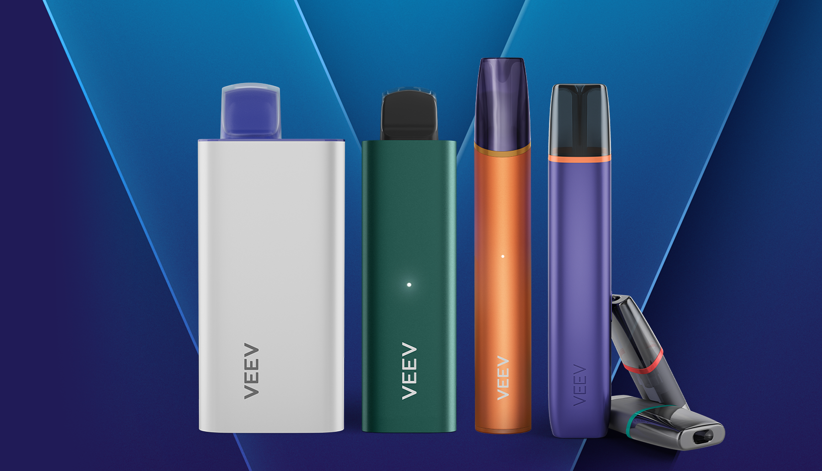 A VEEV NOW 18 mL disposable, 5 mL disposable, 2 mL ULTRA disposable and a VEEV ONE device with pods.